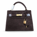 Mini Kelly Sellier 22cm Ebene Suede Leather Gold Hardware — Versatile Mini Carry Design
