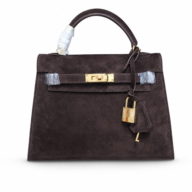 Mini Kelly Sellier 22cm Ebene Suede Leather Gold Hardware — Versatile Mini Carry Design