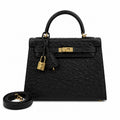 Kelly Sellier 25cm Noir Black Ostrich Gold Hardware Designer Shoulder Tote — Versatile Structured Bag