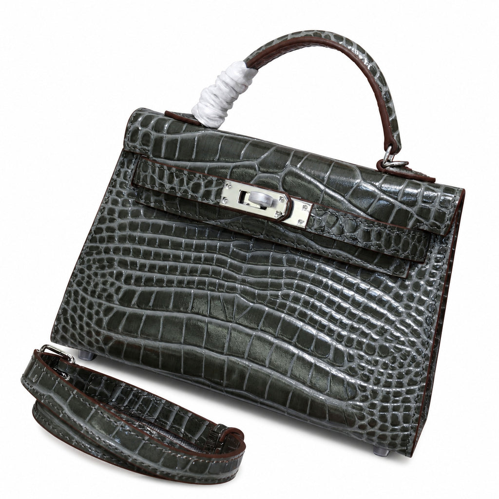 Kelly Sellier 19cm Gris Elephant Shiny Crocodile Leather Gold Hardware & Palladium Hardware — Elegant Structured Carry Style