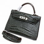 Kelly Sellier 19cm Gris Elephant Shiny Crocodile Leather Gold Hardware & Palladium Hardware — Elegant Structured Carry Style