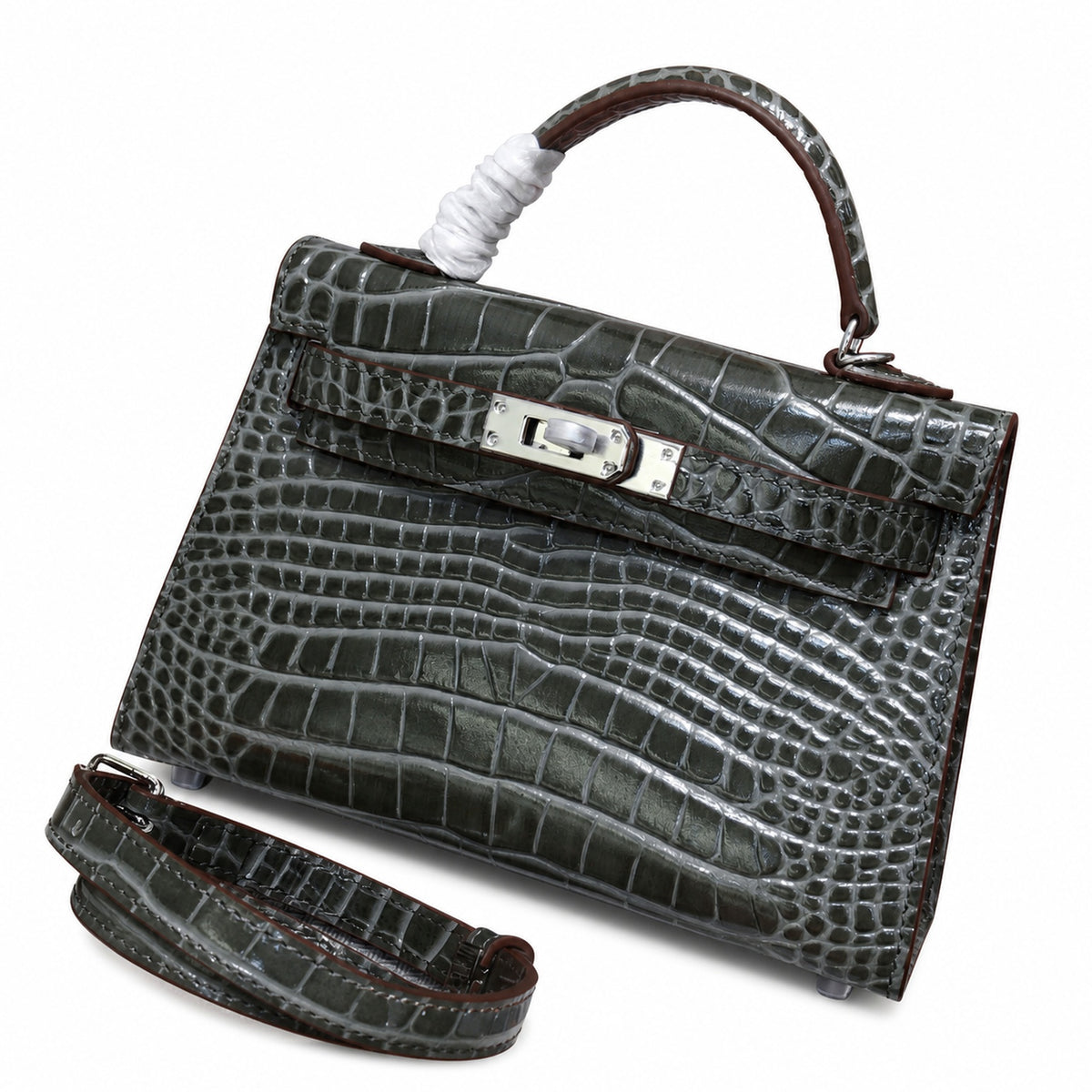 Kelly Sellier 19cm Gris Elephant Shiny Crocodile Leather Gold Hardware & Palladium Hardware — Elegant Structured Carry Style