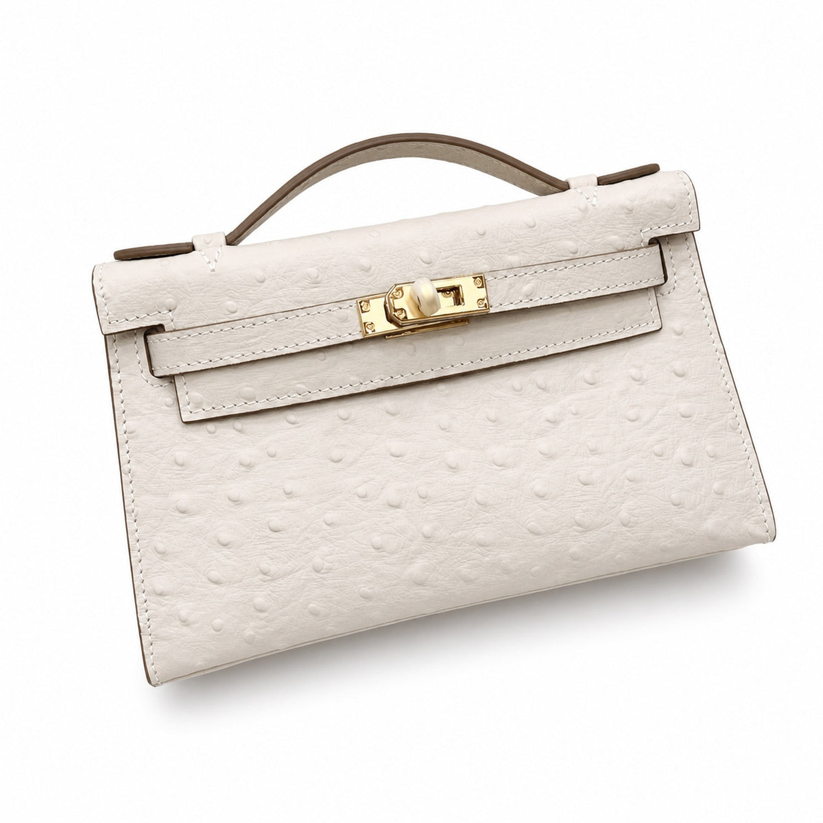 Mini Kelly II Sellier 19cm & 22cm Craie Ostrich Leather Gold Hardware — Timeless Mini Top-Handle Design
