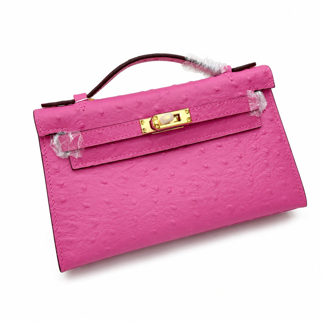 Mini Kelly Sellier 22cm Rose Tyrien Ostrich Leather Gold Hardware — Elegant Compact Carry Style