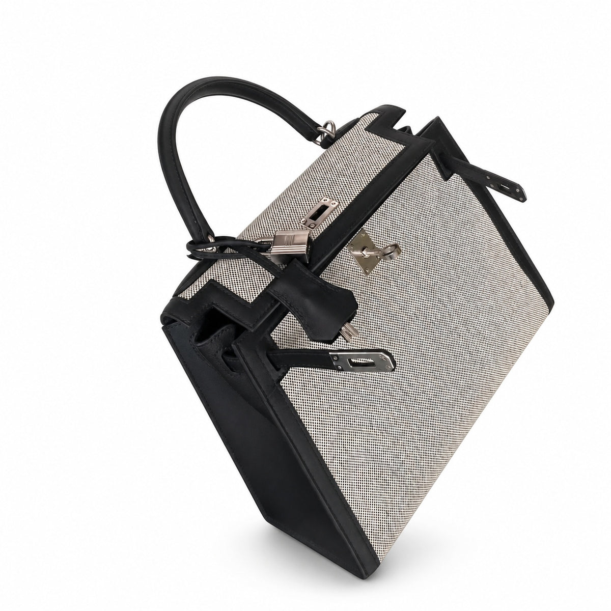Kelly 25cm Patchwork Canvas and Swift Leather in Black — Polished Structured Handbag