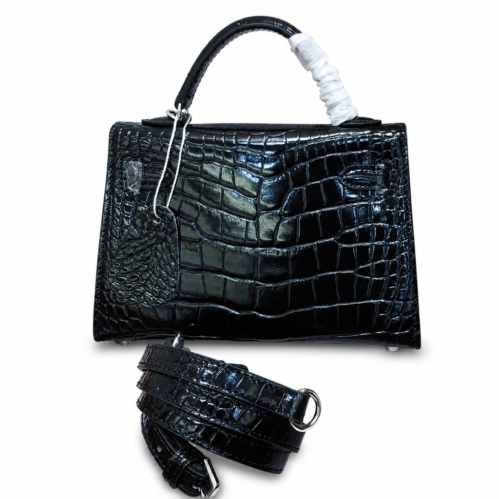 Kelly Sellier 19cm Noir Shiny Crocodile Leather Gold Hardware & Palladium Hardware — Sophisticated Carry Design