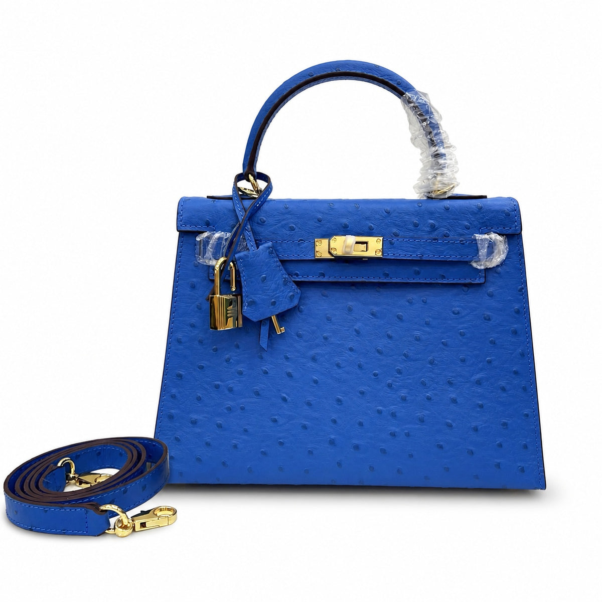 Kelly Sellier 25cm Bleu Electrique Ostrich Gold Hardware Premium Crossbody Purse — Structured Top-Handle Handbag