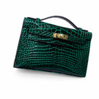 Kelly Pochette Vert Emeraude Shiny Niloticus Crocodile Leather Gold Hardware Women Clutch Bag — Polished Compact Shoulder Style