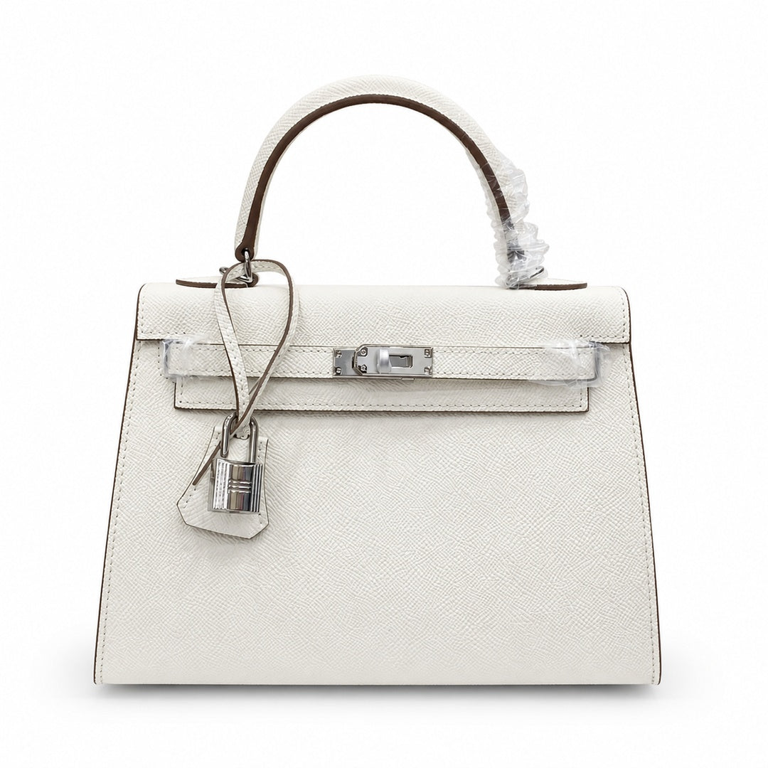 Kelly Sellier 25cm & 28cm Craie Epsom Leather Palladium Hardware Women Luxury — Streamlined Top-Handle Handbag