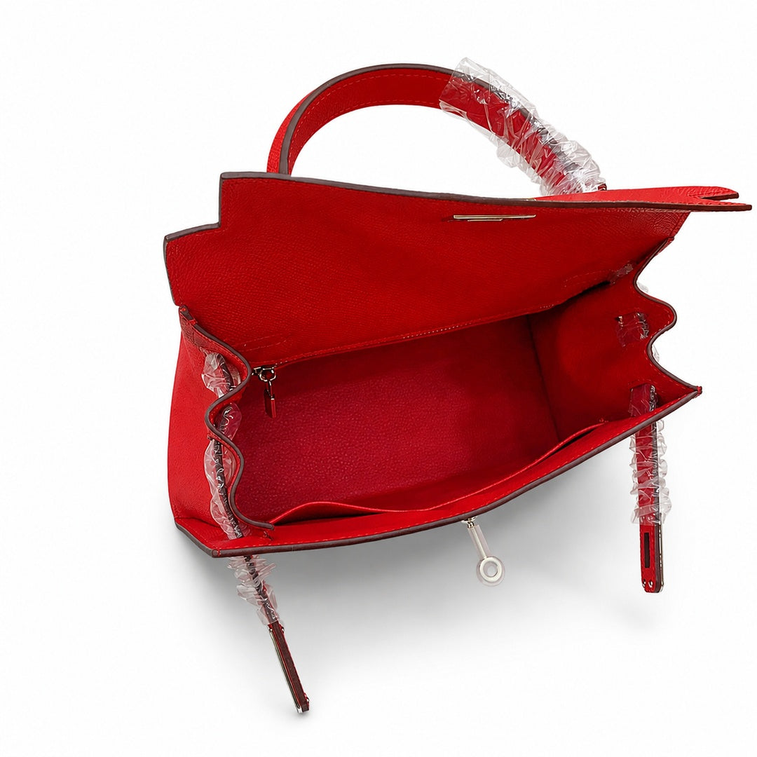 Kelly Sellier 25cm & 28cm Rouge Casaque Epsom Leather Palladium Hardware Crossbody — Polished Structured Handbag