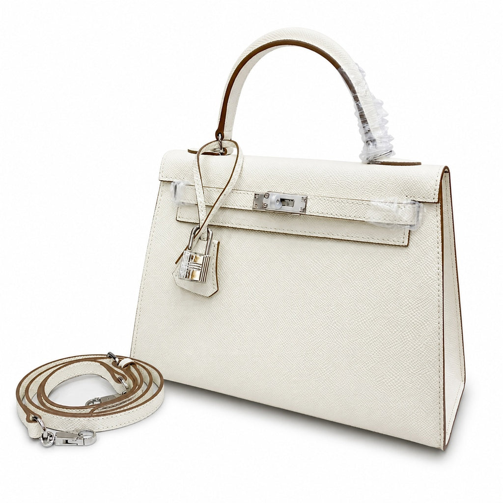 Kelly Sellier 25cm & 28cm Craie Epsom Leather Palladium Hardware Women Luxury — Streamlined Top-Handle Handbag