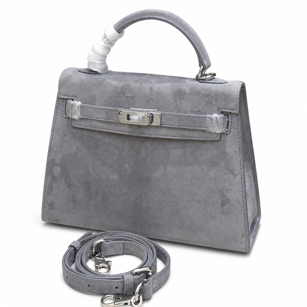 Kelly Sellier 22cm Gris Asphalte Suede Leather Palladium Hardware — Sophisticated Carry Design