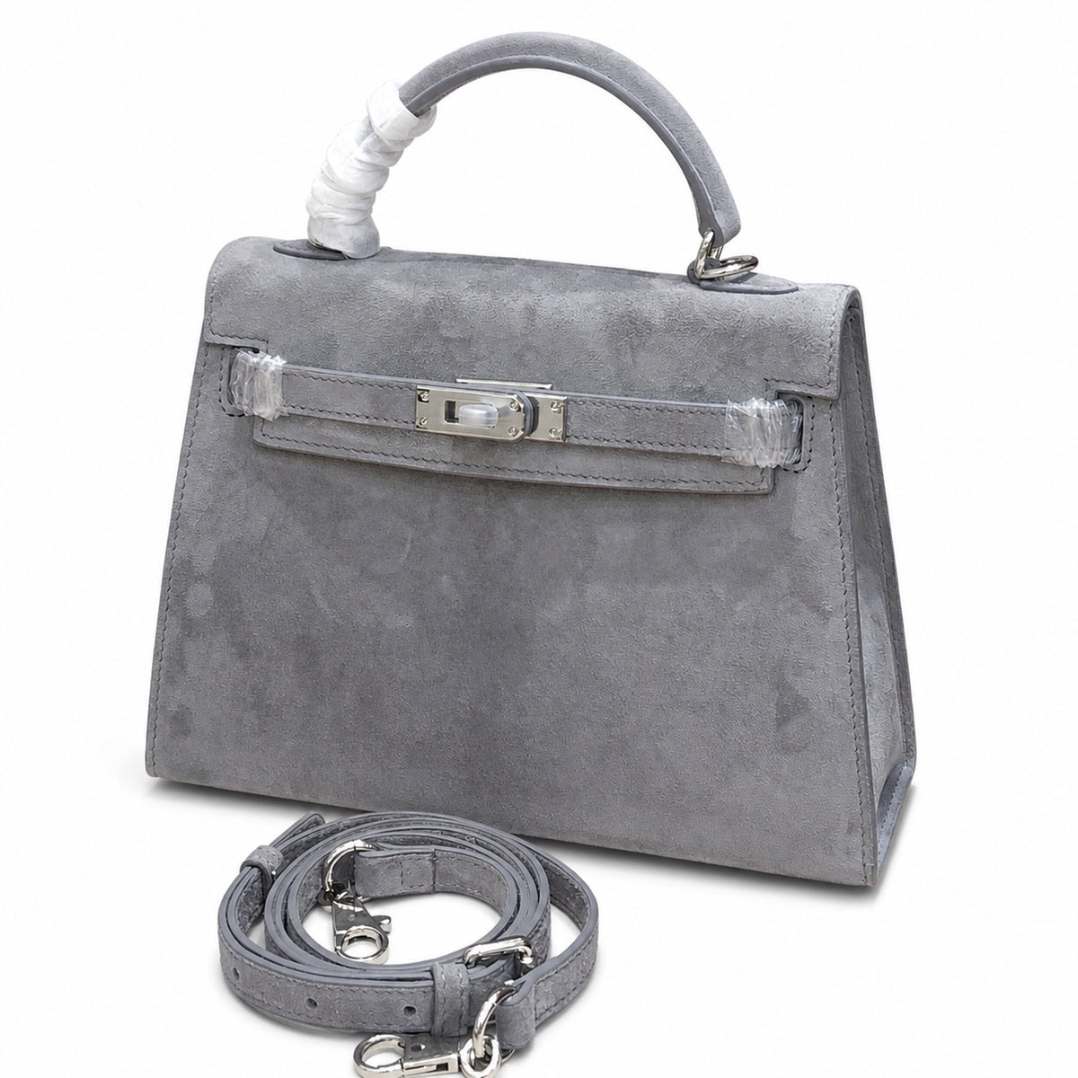 Kelly Sellier 22cm Gris Asphalte Suede Leather Palladium Hardware — Sophisticated Carry Design