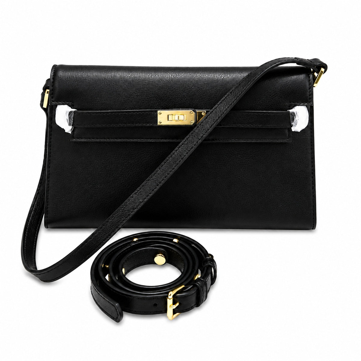 Kelly Elan 25x6.5x15cm Underarm Baguette Bag in Black with Gold Hardware — Streamlined Elan Carry Design