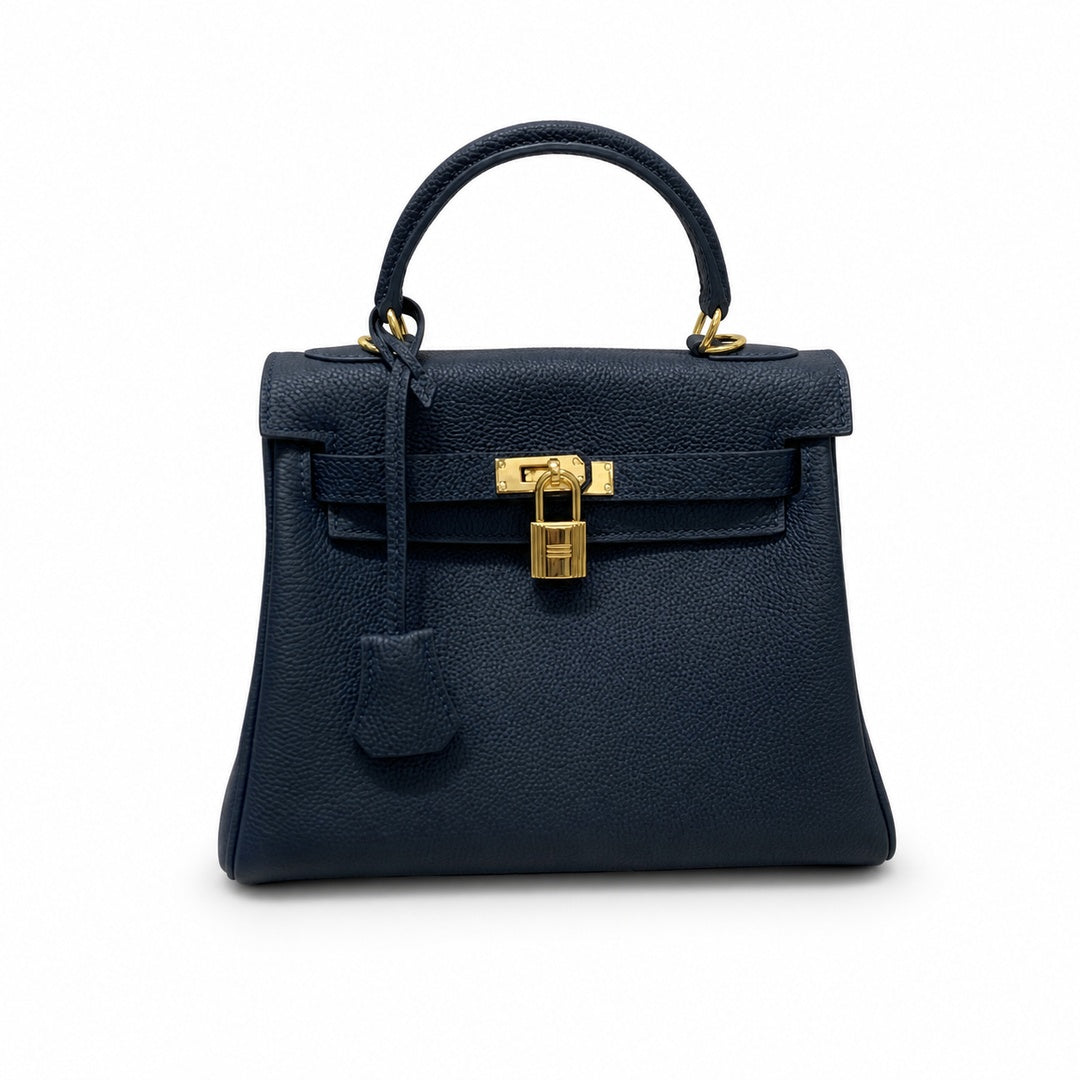 Kelly Sellier 20cm & 25cm & 28cm Bleu Nuit Togo Leather Gold Hardware — Timeless Top-Handle Design