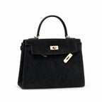 Kelly Sellier 22cm Noir Suede Leather Gold Hardware — Polished Structured Handbag