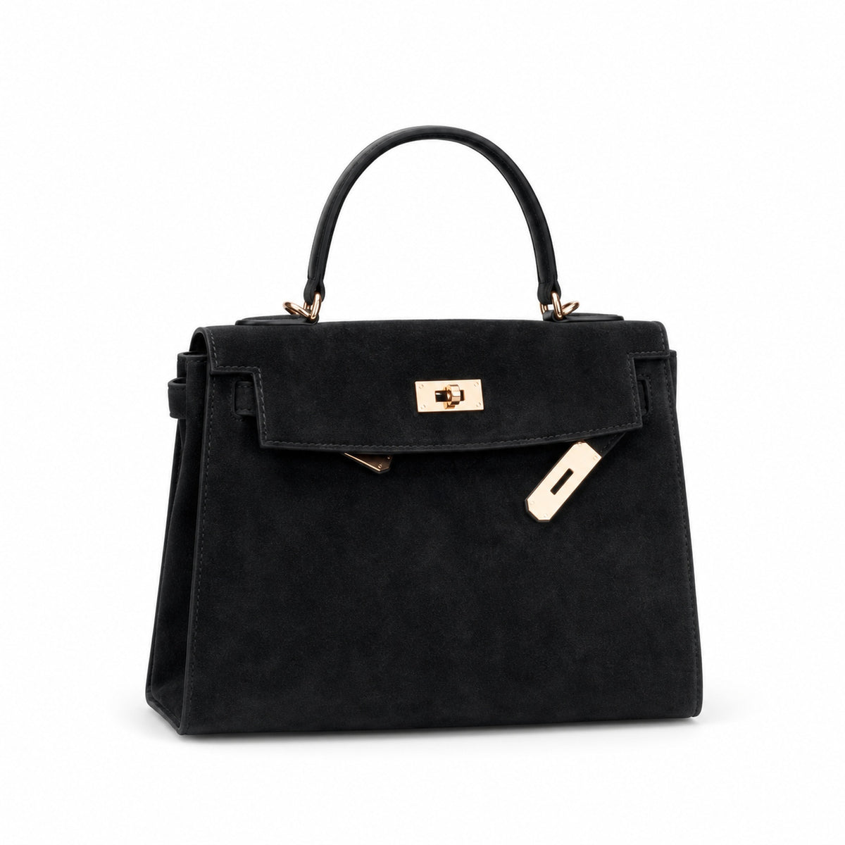 Kelly Sellier 22cm Noir Suede Leather Gold Hardware — Polished Structured Handbag