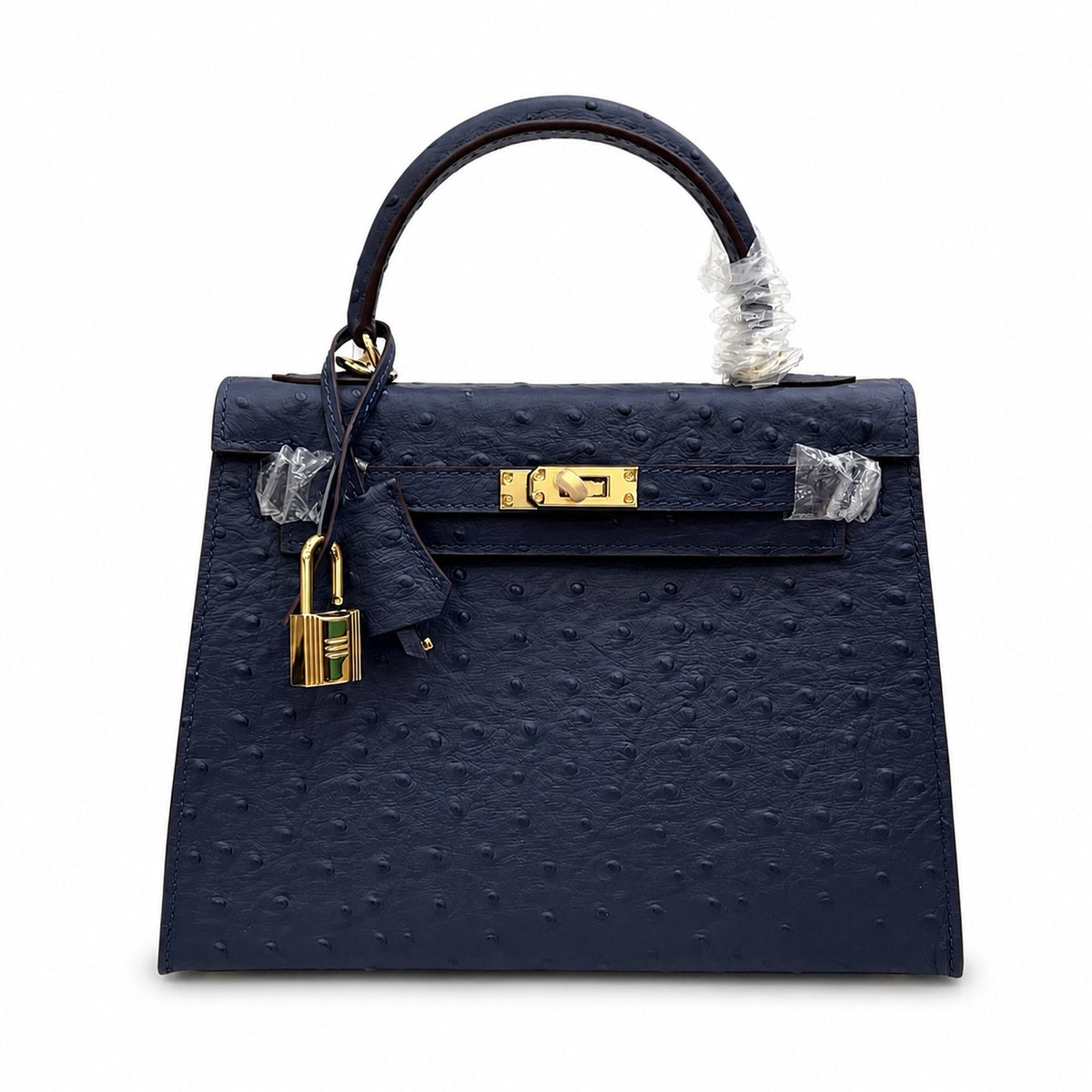 elly Sellier 25cm Bleu Nuit Ostrich Gold Hardware Luxury Commute — Timeless Top-Handle Design