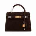 Mini Kelly Sellier 22cm Ebene Suede Leather Gold Hardware — Versatile Mini Carry Design