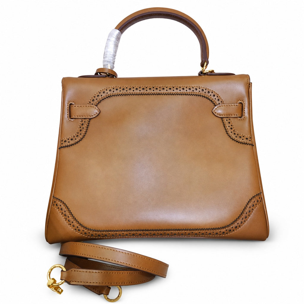 Kelly Sellier Ghillies 28cm Natural Sable Barenia Leather Gold Hardware — Streamlined Top-Handle Handbag