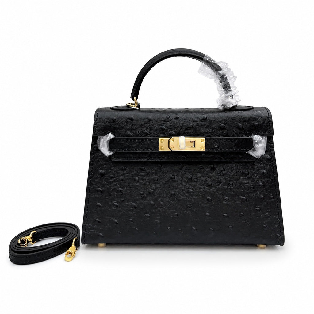 Mini Kelly Sellier 19cm Noir Ostrich Leather Gold Hardware — Sophisticated Small-Scale Bag