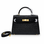 Mini Kelly Sellier 19cm Noir Ostrich Leather Gold Hardware — Sophisticated Small-Scale Bag