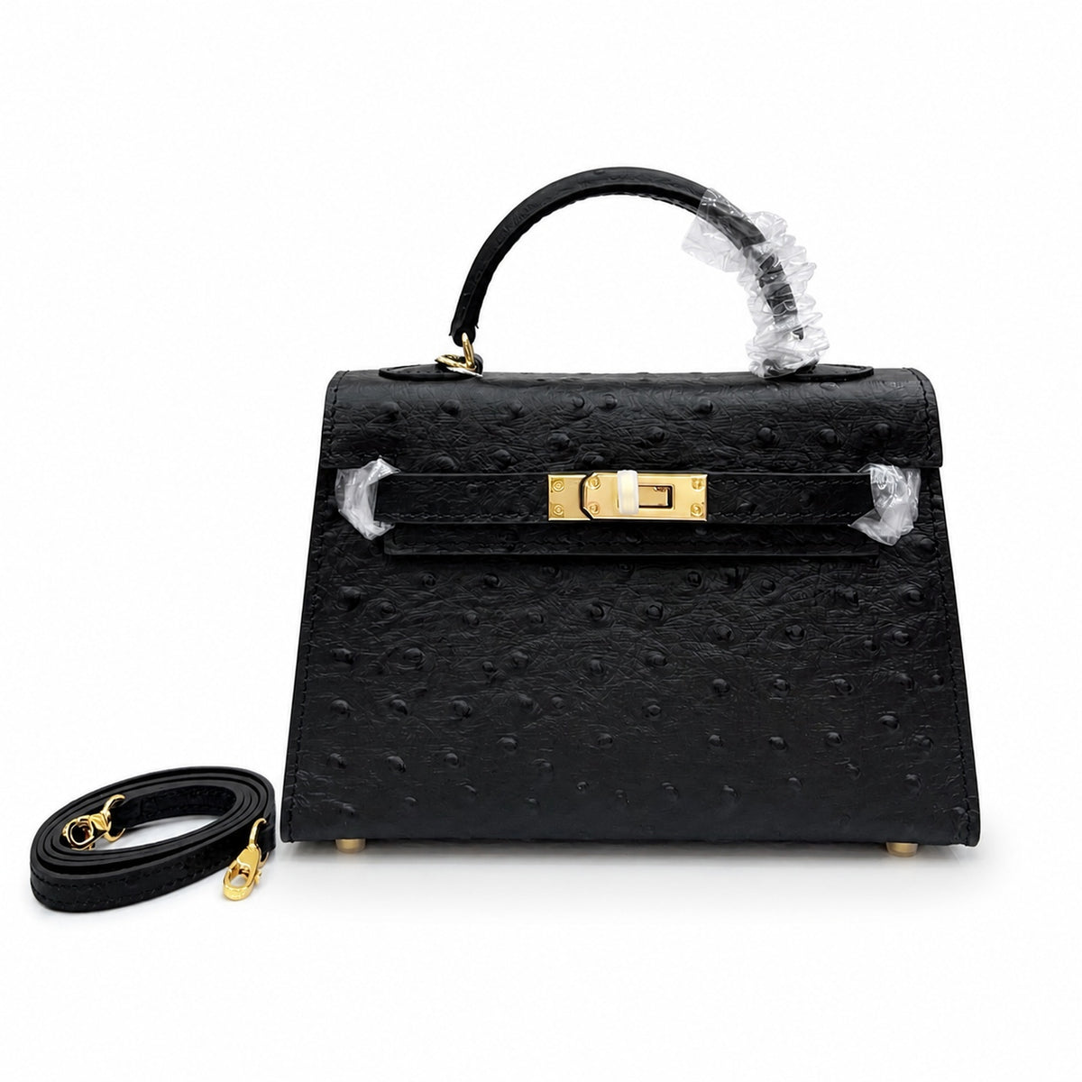 Mini Kelly Sellier 19cm Noir Ostrich Leather Gold Hardware — Sophisticated Small-Scale Bag