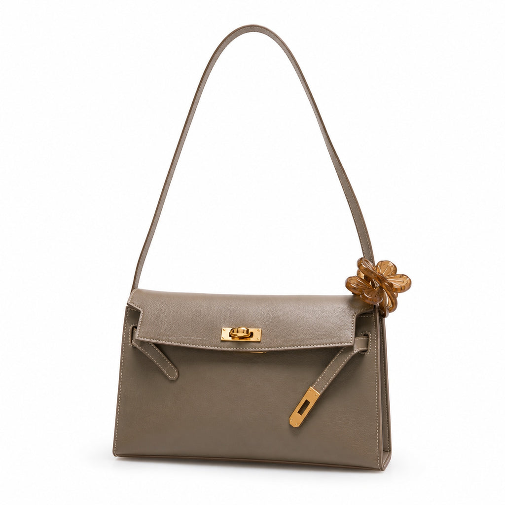Kelly Elan 25x6.5x15cm Faux Kelly Underarm Baguette Bag in Khaki with Gold Hardware — Refined Underarm Handbag