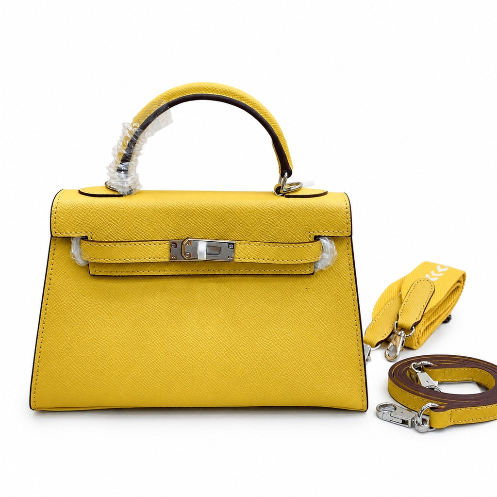 Mini Kelly II Sellier 19cm & 22cm Jaune Ambre Epsom Leather Palladium Hardware — Distinctive Petite Bag