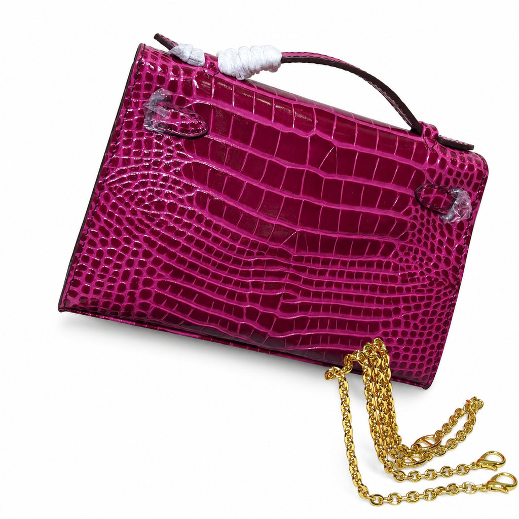 Kelly Pochette Fuchsia Shiny Niloticus Crocodile Leather Gold Hardware Women Clutch Bag — Polished Compact Shoulder Style