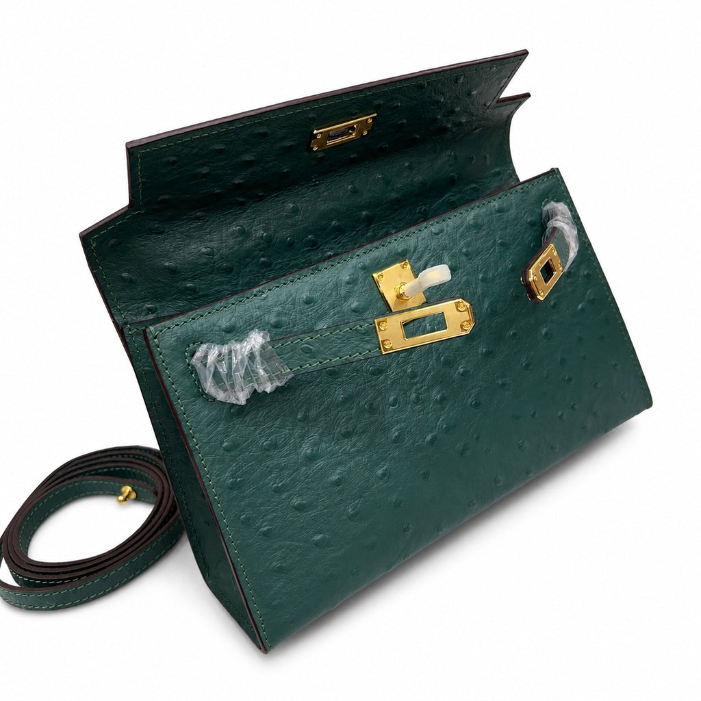Mini Kelly II Sellier 19cm & 22cm Vert Fonce Ostrich Leather Gold Hardware — Sophisticated Small-Scale Bag