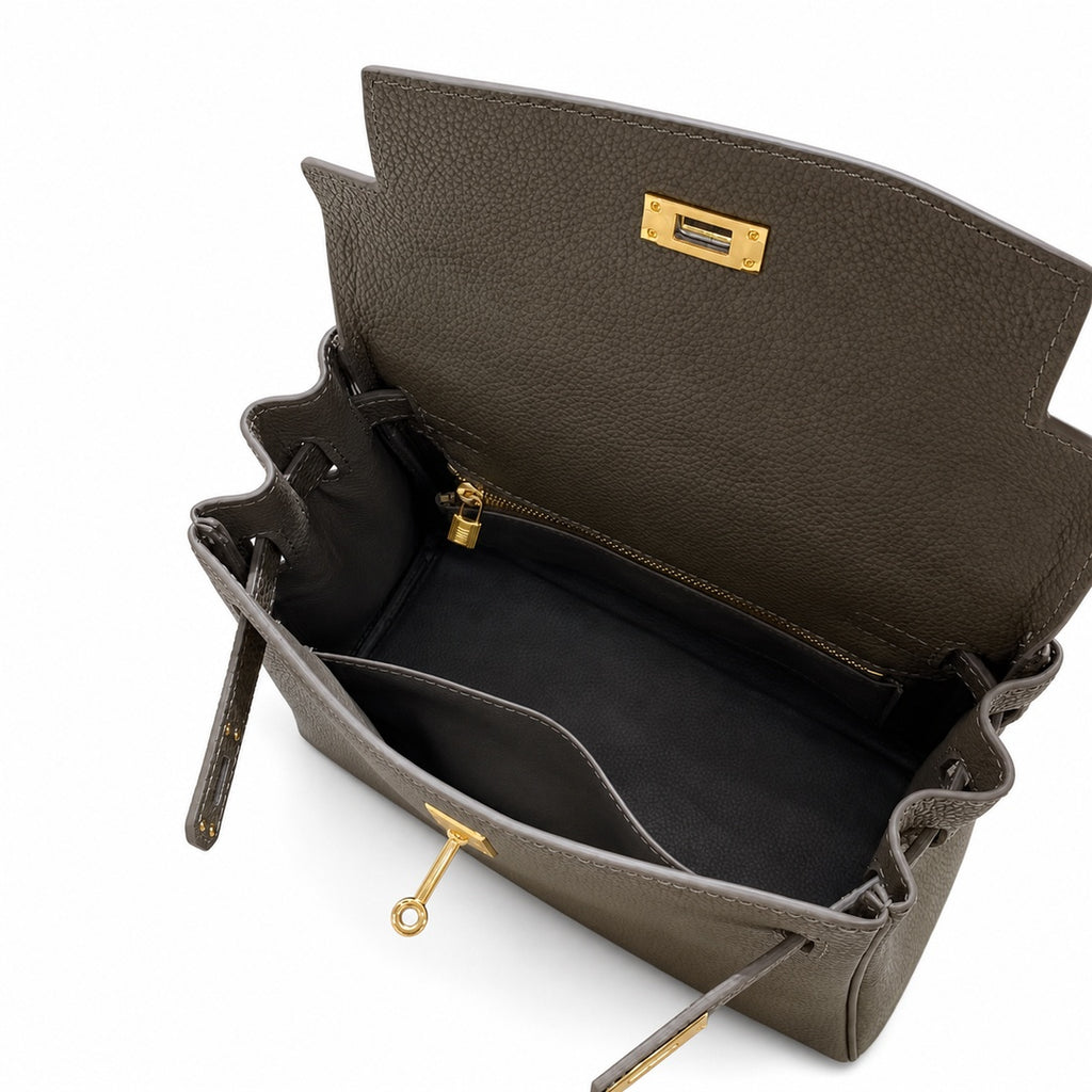 Kelly Sellier 20cm & 25cm & 28cm Gris Asphalte Togo Leather Gold Hardware — Polished Structured Handbag