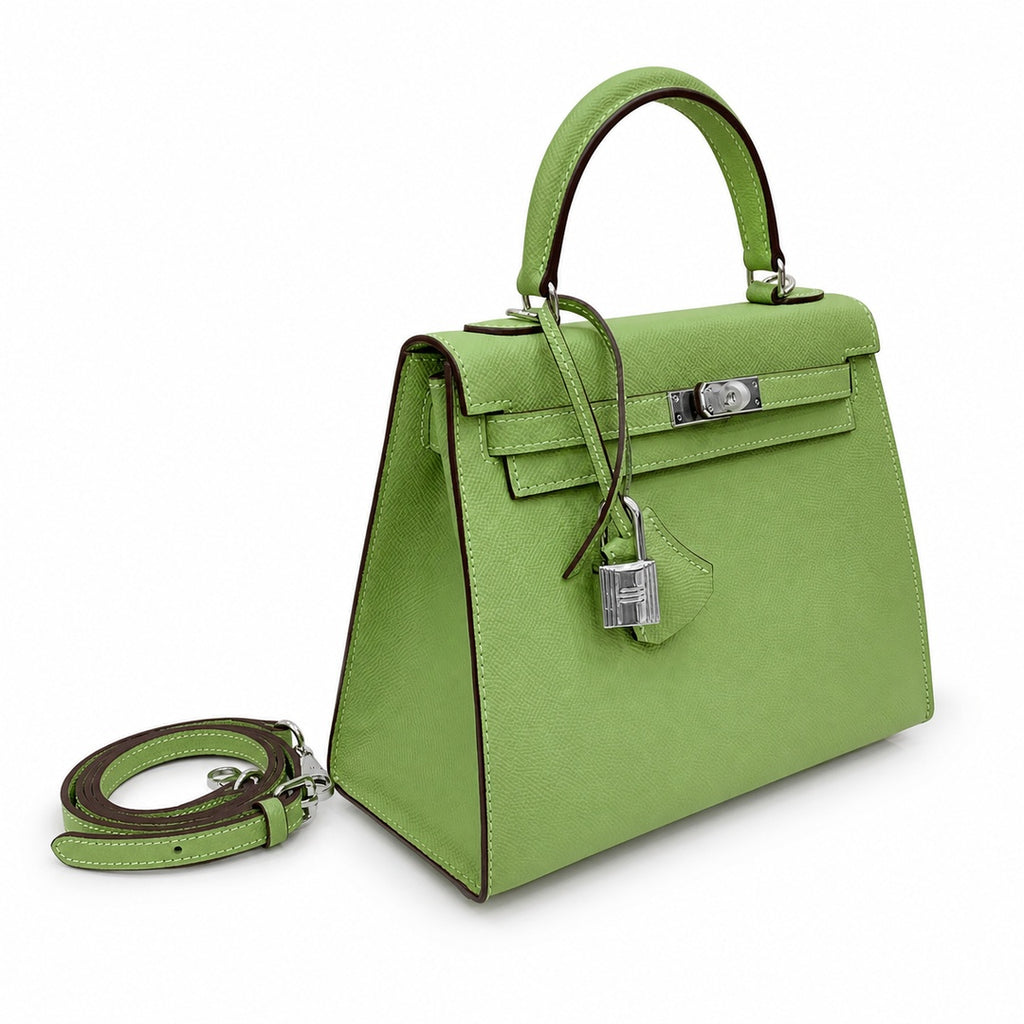 Kelly Sellier 25cm & 28cm Vert Pistache Epsom Leather Palladium Hardware Crossbody — Elegant Structured Carry Style
