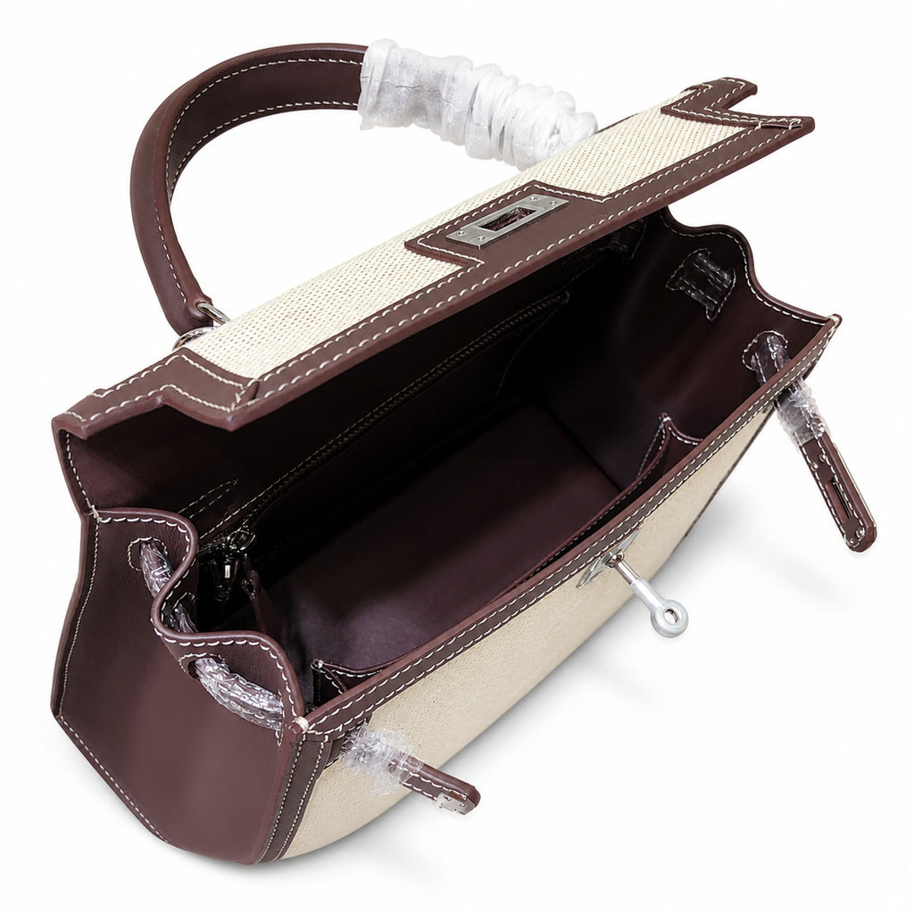 Kelly 25cm Patchwork Canvas and Swift Leather in Deep Ebony — Versatile Structured Bag