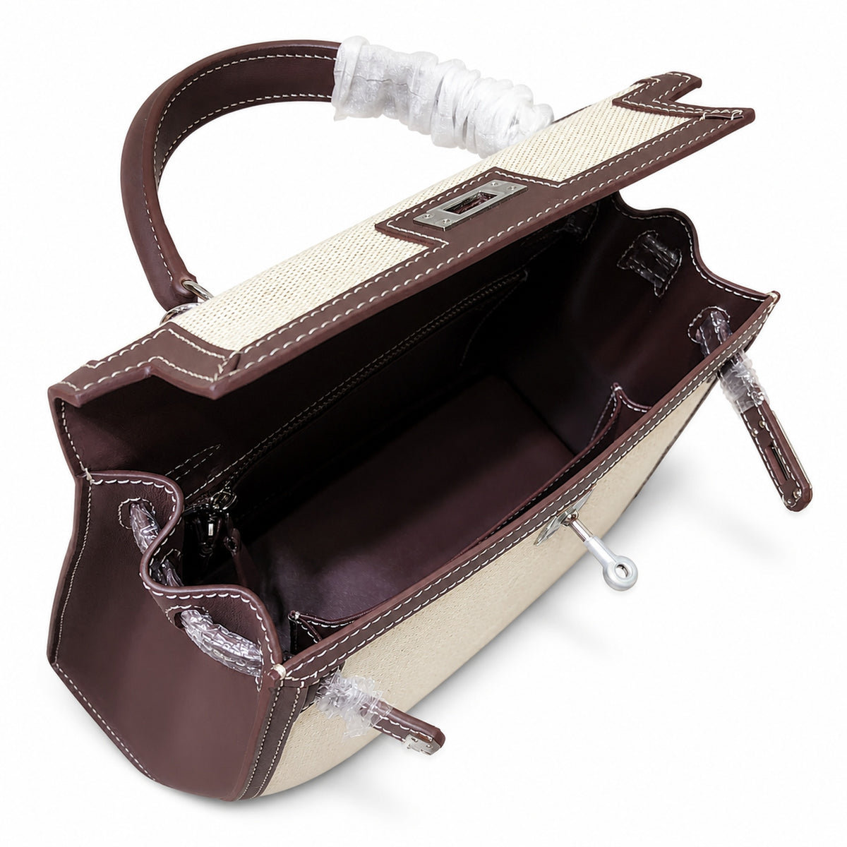 Kelly 25cm Patchwork Canvas and Swift Leather in Deep Ebony — Versatile Structured Bag