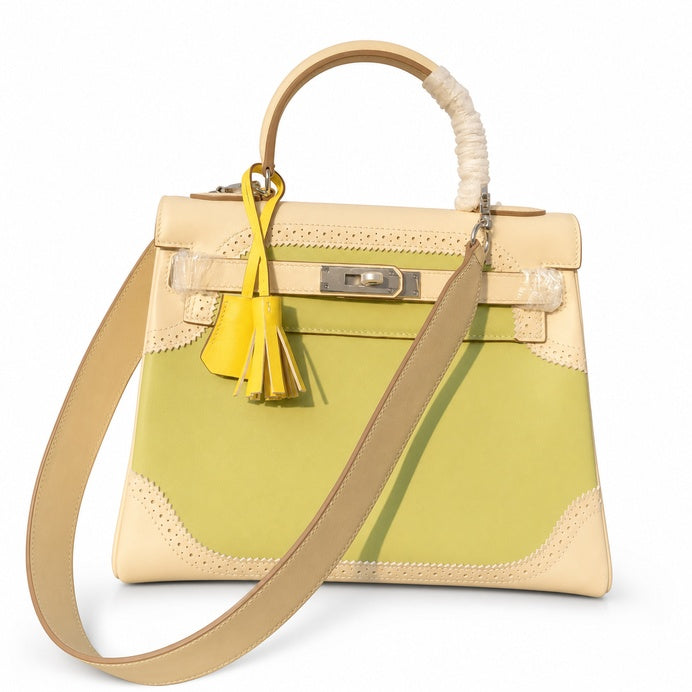 Kelly Sellier Ghillies 28cm Craie & Vert Pomme Barenia Leather Palladium Hardware — Versatile Structured Bag