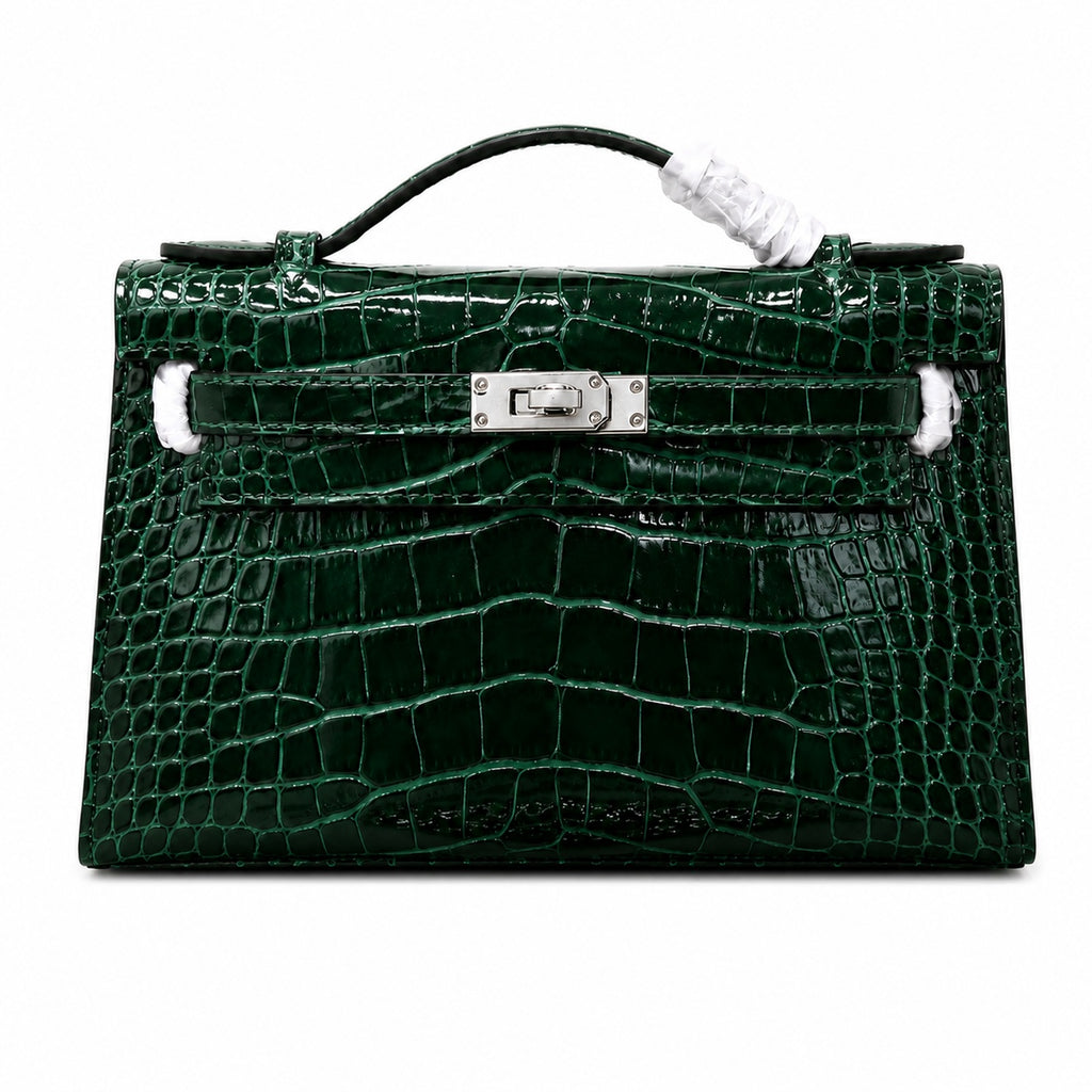 Kelly Pochette Vert Emeraude Shiny Niloticus Crocodile Leather Palladium Hardware Women Clutch Bag — Refined Small Hand-Carry Bag