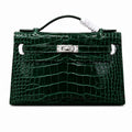 Kelly Pochette Vert Emeraude Shiny Niloticus Crocodile Leather Palladium Hardware Women Clutch Bag — Refined Small Hand-Carry Bag