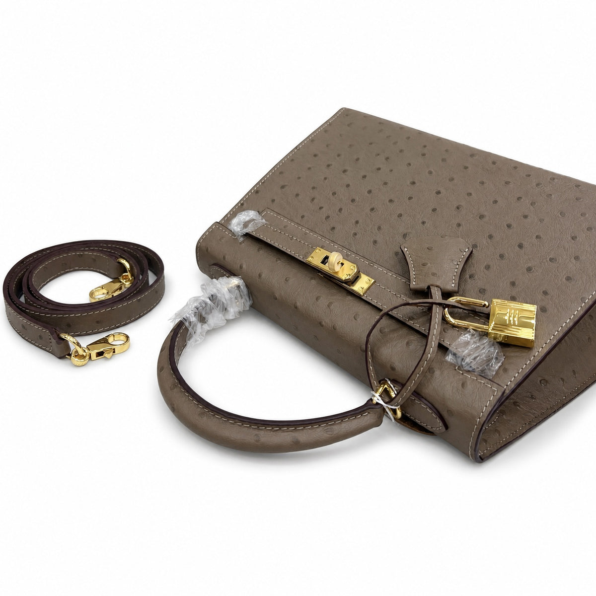 Hermès Kelly Sellier 25 Ostrich Etoupe Gold Hardware — Classic Hand-Carry Silhouette