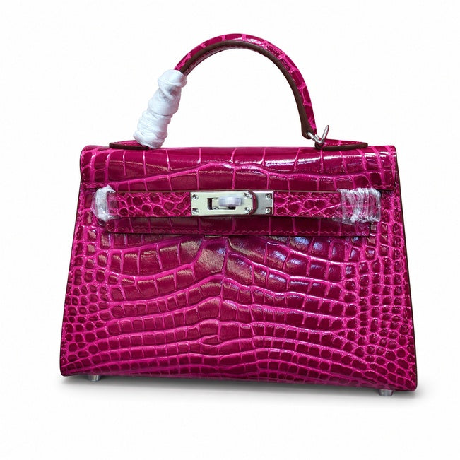 Kelly Sellier 19cm Fuchsia Shiny Crocodile Leather Gold Hardware & Palladium Hardware — Versatile Structured Bag