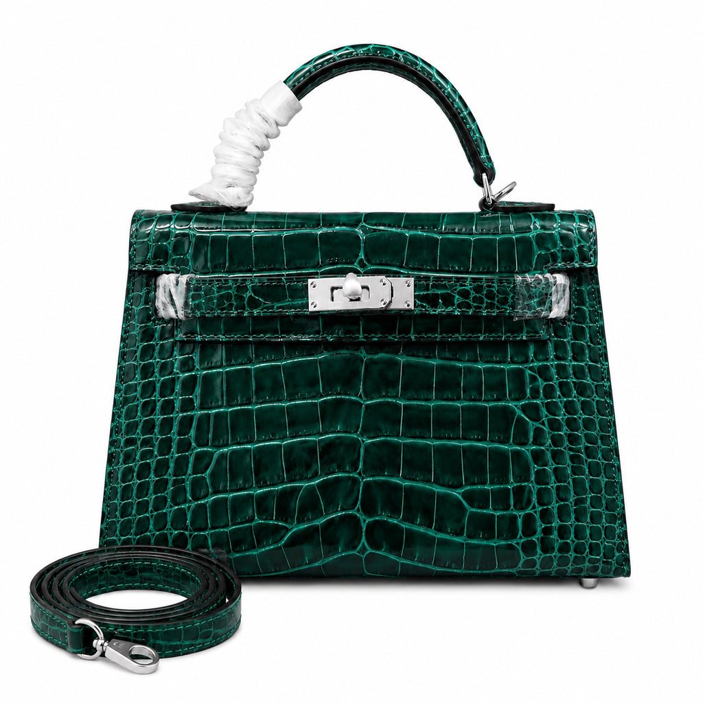 Kelly Sellier 22cm Vert Emeraude Shiny Crocodile Leather Gold Hardware & Palladium Hardware — Distinctive Hand-Carry Bag