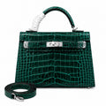 Kelly Sellier 22cm Vert Emeraude Shiny Crocodile Leather Gold Hardware & Palladium Hardware — Distinctive Hand-Carry Bag