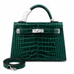 Kelly Sellier 22cm Vert Emeraude Shiny Crocodile Leather Gold Hardware & Palladium Hardware — Distinctive Hand-Carry Bag