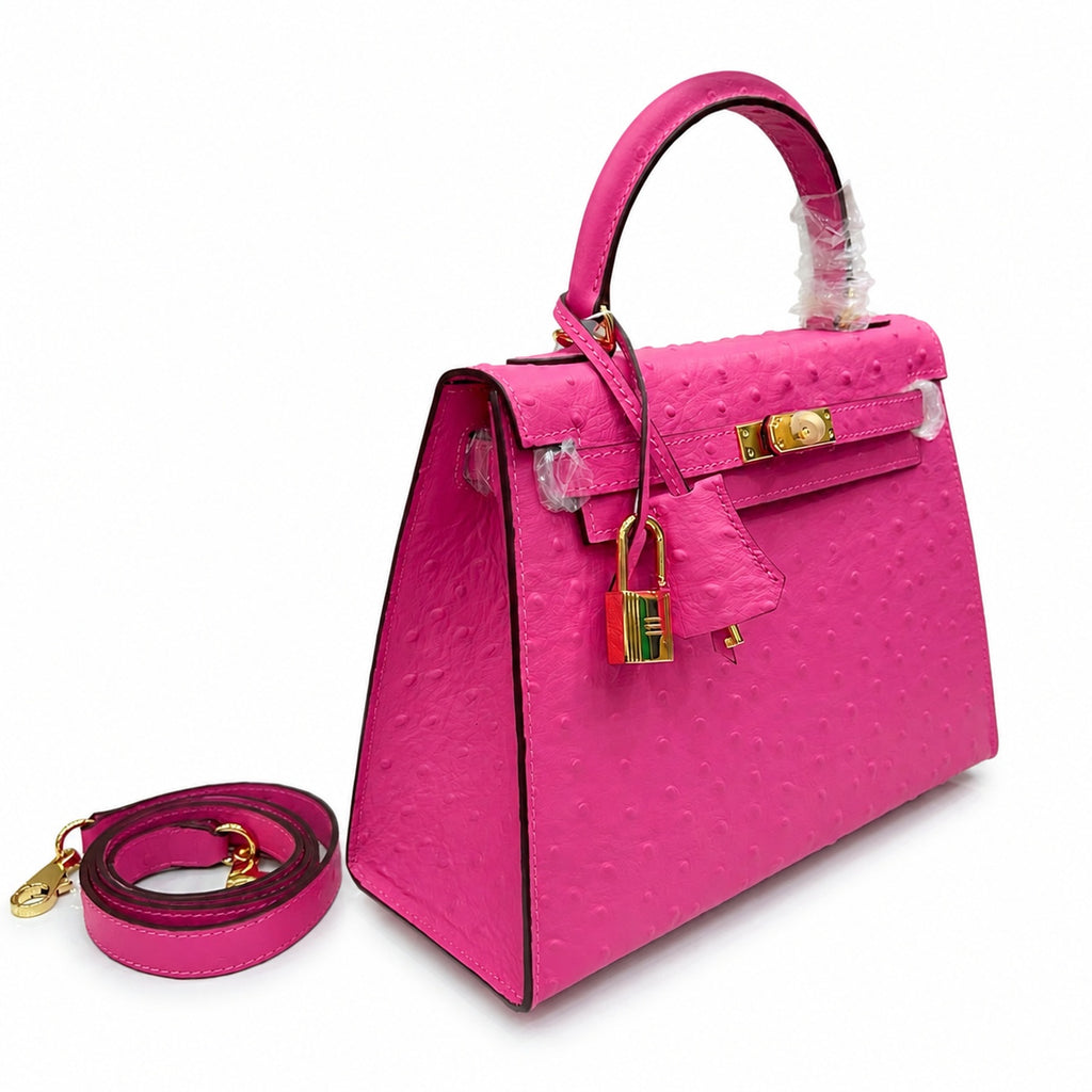 Kelly Sellier 25cm Rose Tyrien Ostrich Gold Hardware Designer Crossbody Tote — Elegant Structured Carry Style