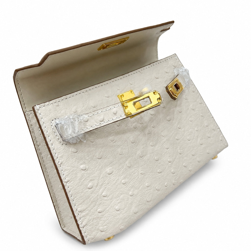 Mini Kelly II 19cm Sellier Craie Ostrich Gold Hardware Premium Women Daily — Compact Top-Handle Bag