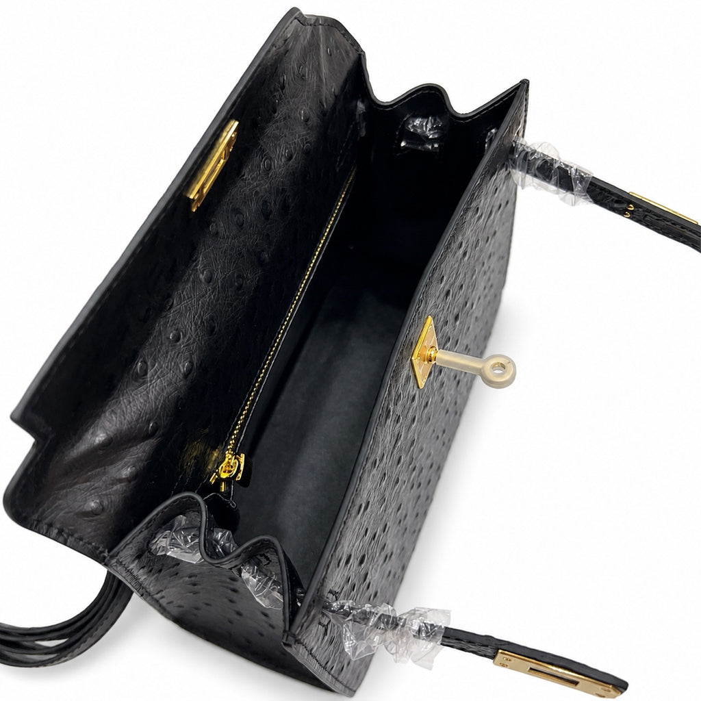 Kelly Sellier 25cm Noir Black Ostrich Gold Hardware Designer Shoulder Tote — Versatile Structured Bag