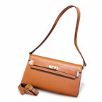 Kelly Elan 25x6.5x15cm Underarm Baguette Bag in Brown with Gold Buckle — Distinctive Elongated Handbag