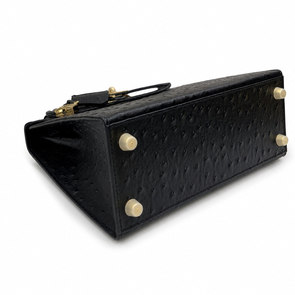 Kelly Sellier 25cm Noir Black Ostrich Gold Hardware Designer Shoulder Tote — Versatile Structured Bag