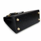 Kelly Sellier 25cm Noir Black Ostrich Gold Hardware Designer Shoulder Tote — Versatile Structured Bag