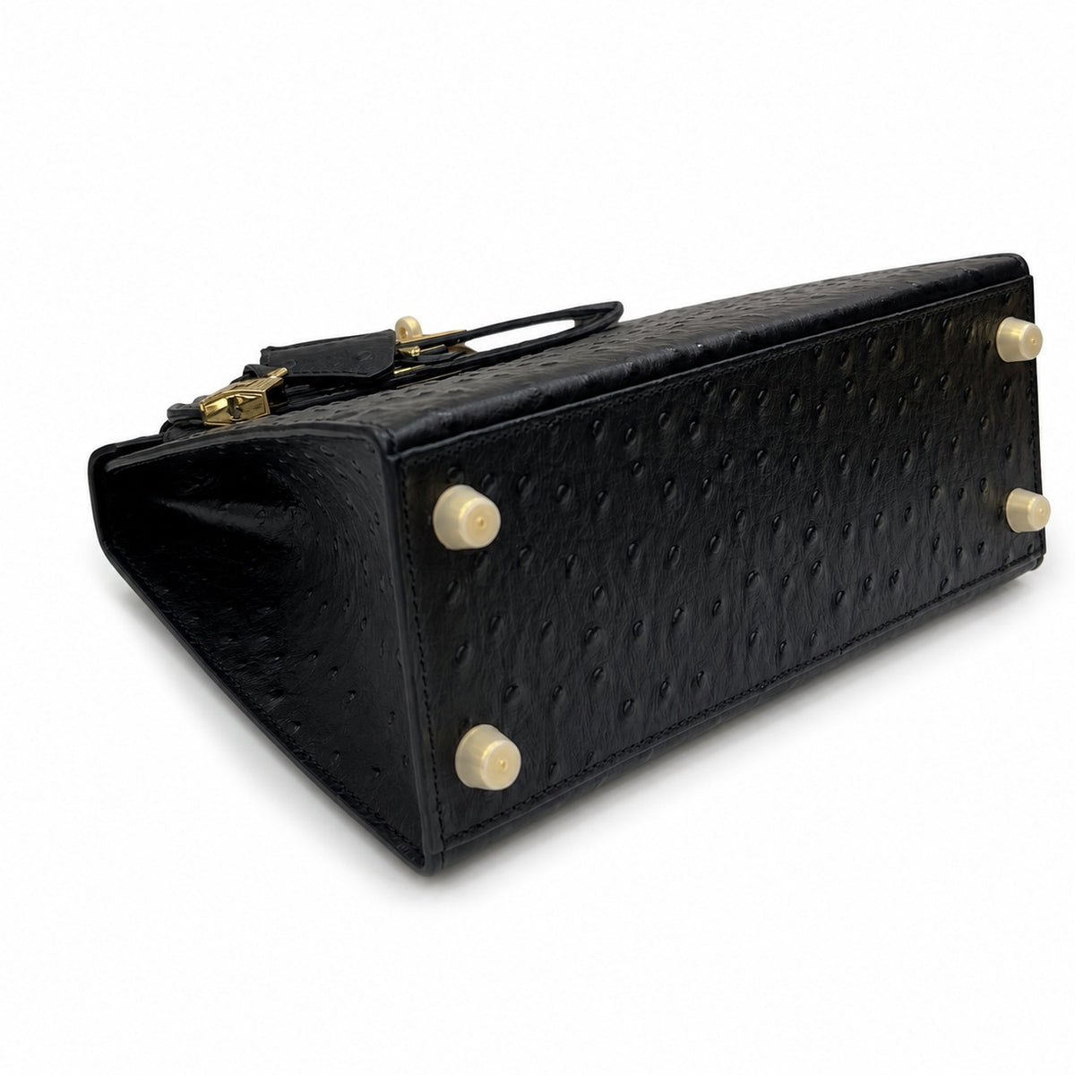 Kelly Sellier 25cm Noir Black Ostrich Gold Hardware Designer Shoulder Tote — Versatile Structured Bag